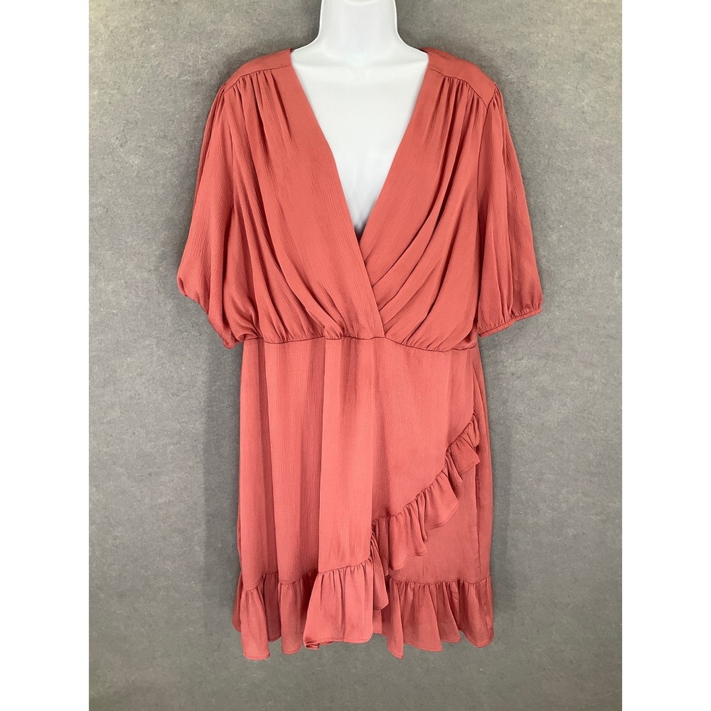Express Drape Dress Womens Sz XL Coral Pink V Neck Ruffle Tiered‎ Flowy Cocktail